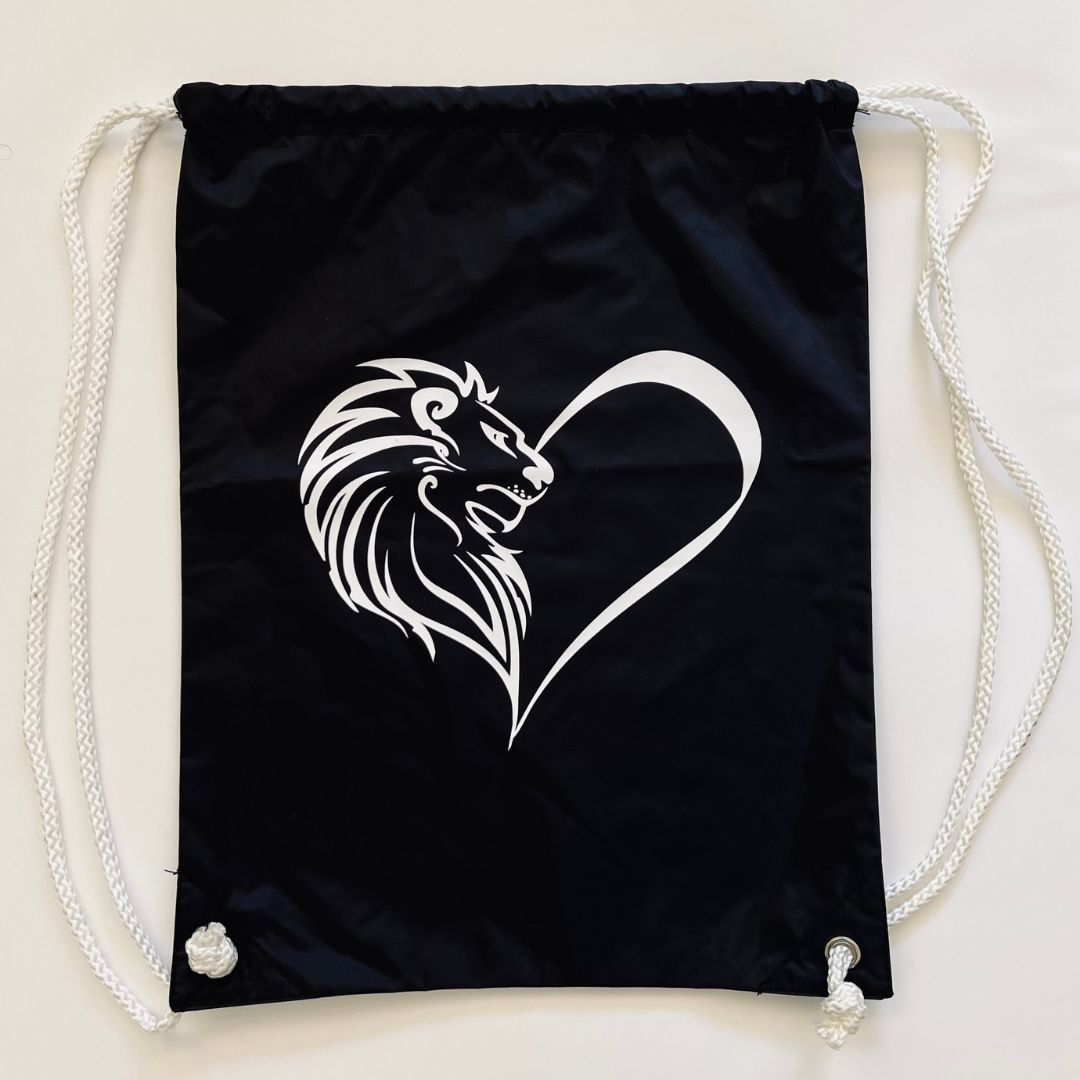 Heart of a Lion Black Drawstring Bag