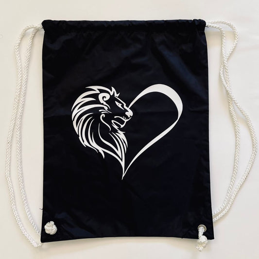 Heart of a Lion Black Drawstring Bag